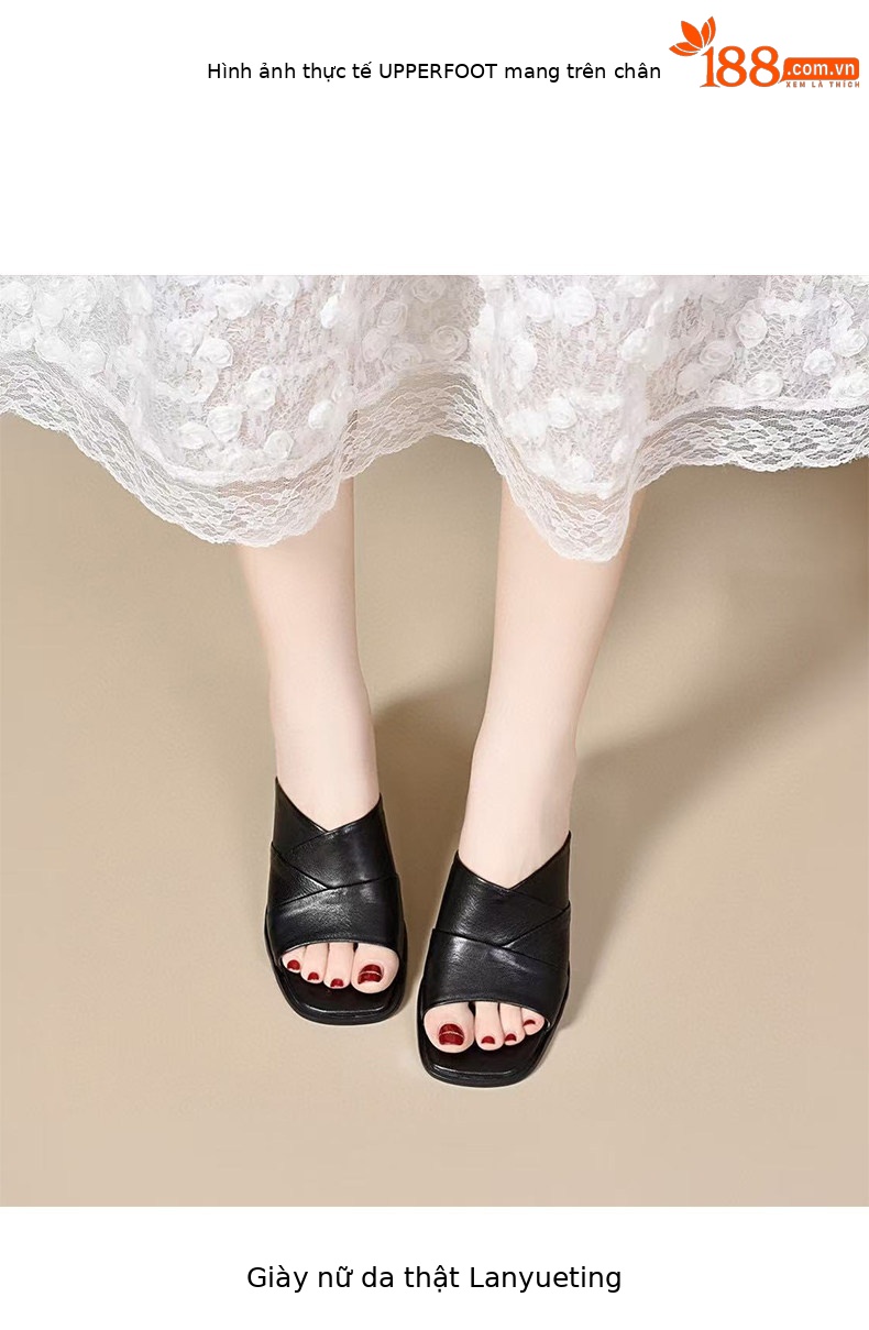 Sandal da thật hở mũi cao gót nữ đế mềm phong cách thời trang — màu đen chi tiết 3