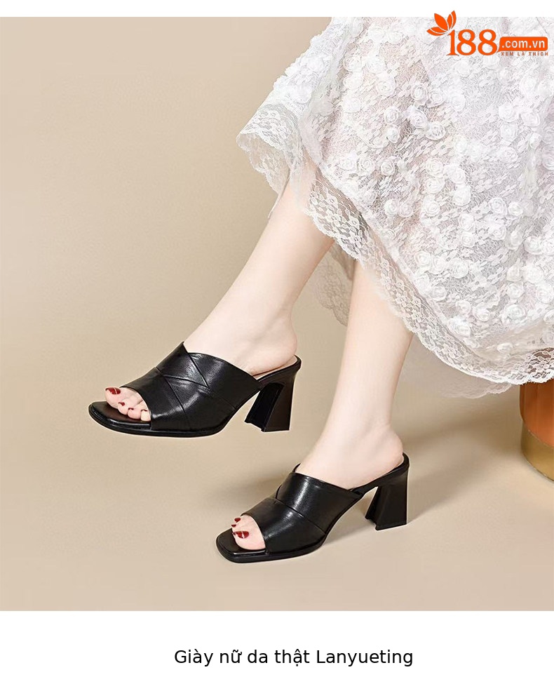 Sandal da thật hở mũi cao gót nữ đế mềm phong cách thời trang — màu đen chi tiết 5