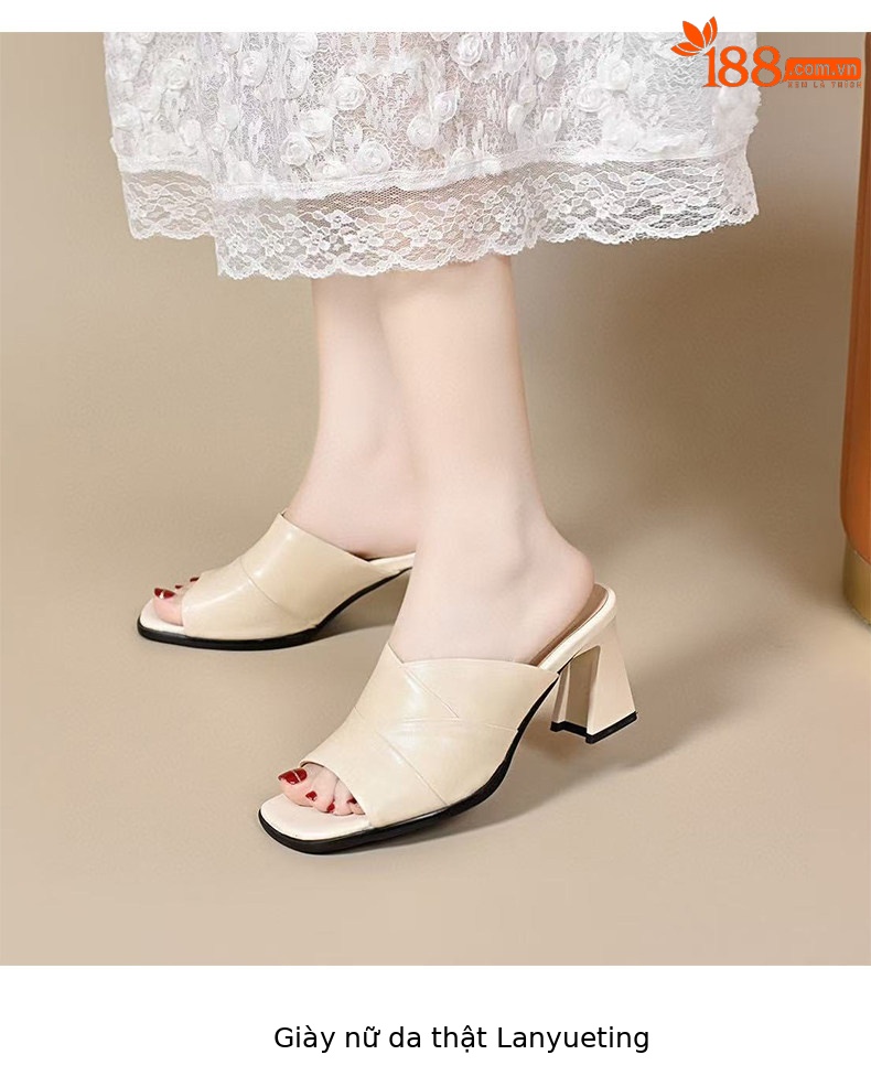 Sandal da thật hở mũi cao gót nữ đế mềm phong cách thời trang — màu đen chi tiết 7