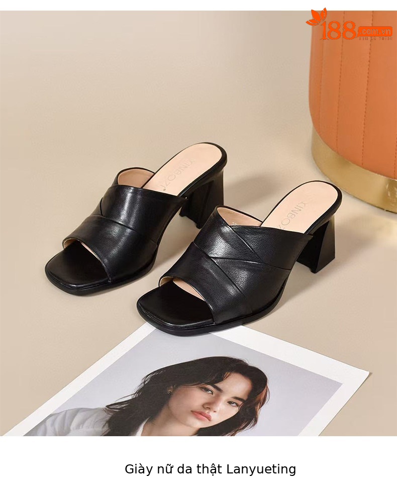 Sandal da thật hở mũi cao gót nữ đế mềm phong cách thời trang — màu đen chi tiết 8