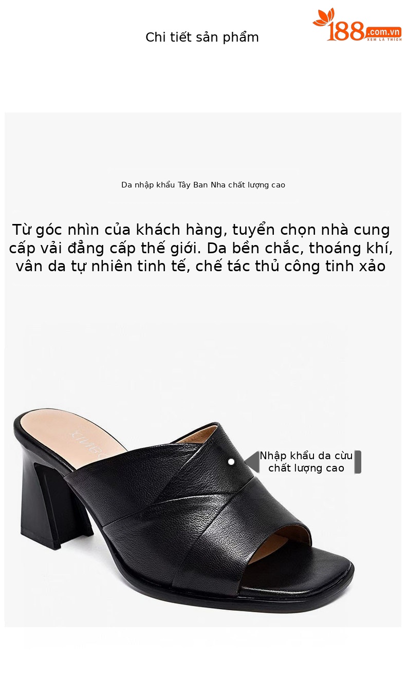 Sandal da thật hở mũi cao gót nữ đế mềm phong cách thời trang — màu đen chi tiết 2