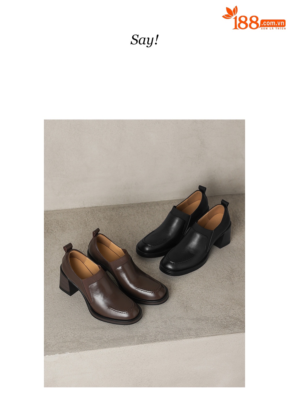 Giày cao gót nữ loafer cổ điển mũi sâu gót vuông 7.5 cm da bò thật — màu nâu chi tiết 2