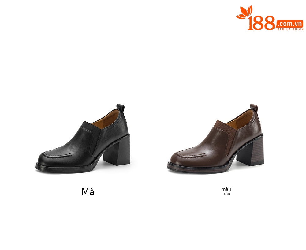 Giày cao gót nữ loafer cổ điển mũi sâu gót vuông 7.5 cm da bò thật — màu nâu chi tiết 4