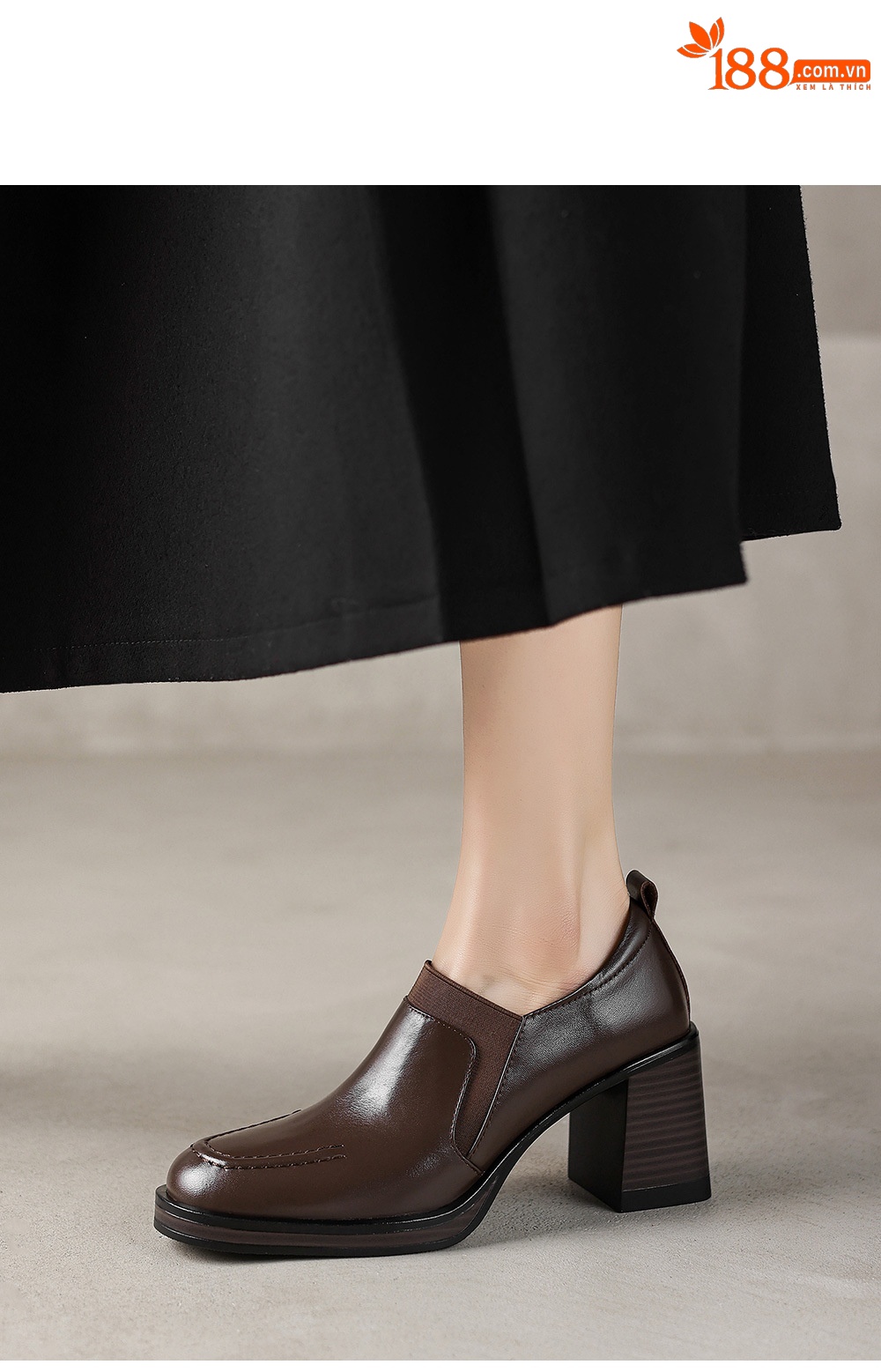 Giày cao gót nữ loafer cổ điển mũi sâu gót vuông 7.5 cm da bò thật — màu nâu chi tiết 7