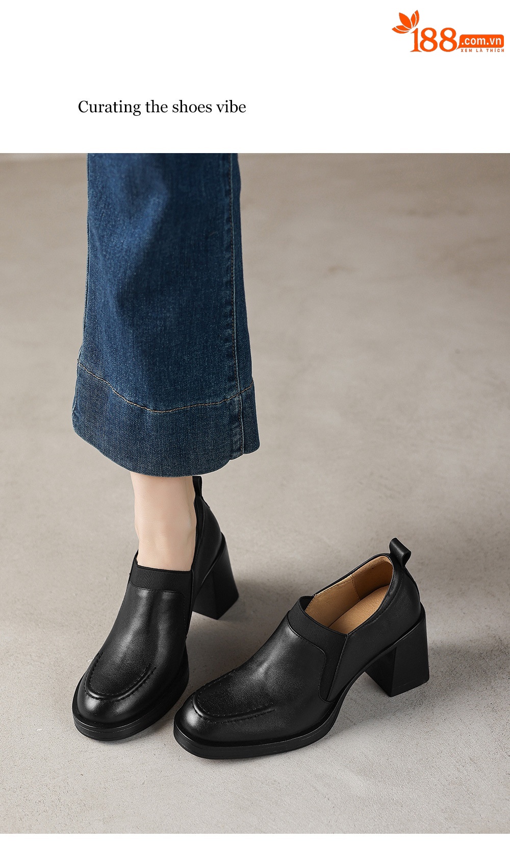 Giày cao gót nữ loafer cổ điển mũi sâu gót vuông 7.5 cm da bò thật — màu nâu chi tiết 8