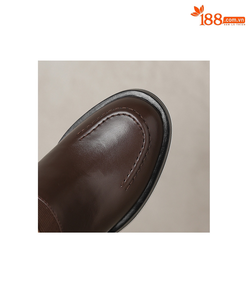 Giày cao gót nữ loafer cổ điển mũi sâu gót vuông 7.5 cm da bò thật — màu nâu chi tiết 10