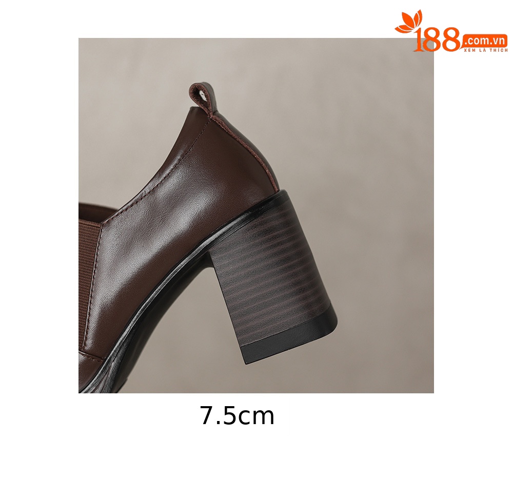 Giày cao gót nữ loafer cổ điển mũi sâu gót vuông 7.5 cm da bò thật — màu nâu chi tiết 11