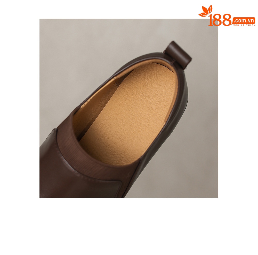 Giày cao gót nữ loafer cổ điển mũi sâu gót vuông 7.5 cm da bò thật — màu nâu chi tiết 12