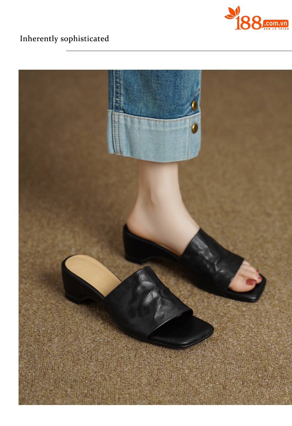 Sandal nữ da cừu lộ ngón chân quai chữ V phong cách Hàn Quốc — đen chi tiết 4