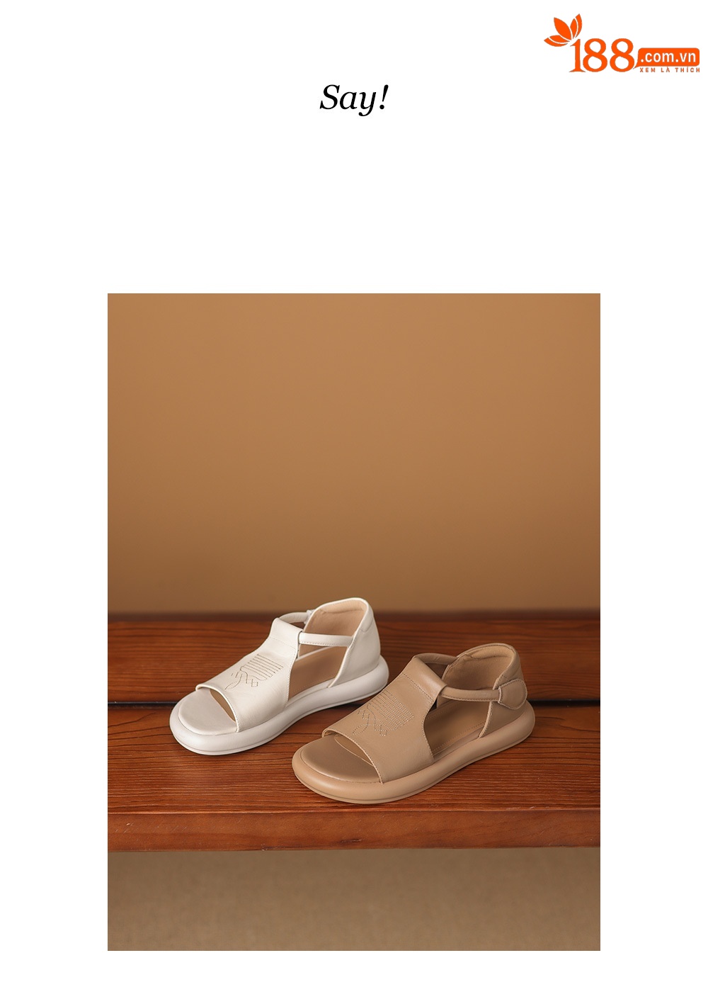 Sandal nữ đế dày hở mũi da bò thêu hoa — màu trắng ngà chi tiết 2