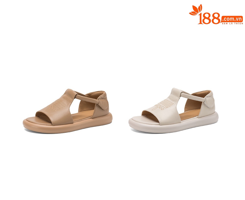 Sandal nữ đế dày hở mũi da bò thêu hoa — màu trắng ngà chi tiết 4