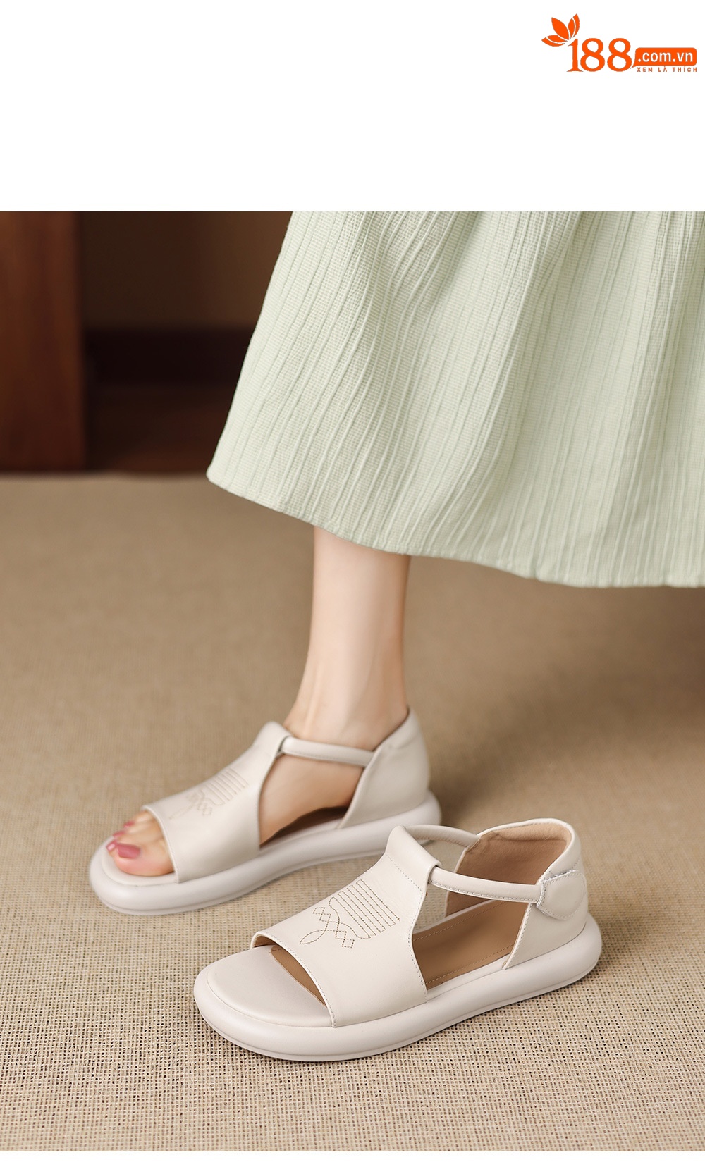 Sandal nữ đế dày hở mũi da bò thêu hoa — màu trắng ngà chi tiết 9