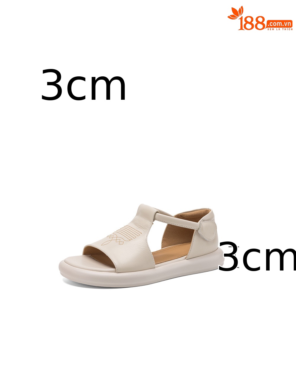 Sandal nữ đế dày hở mũi da bò thêu hoa — màu trắng ngà chi tiết 3