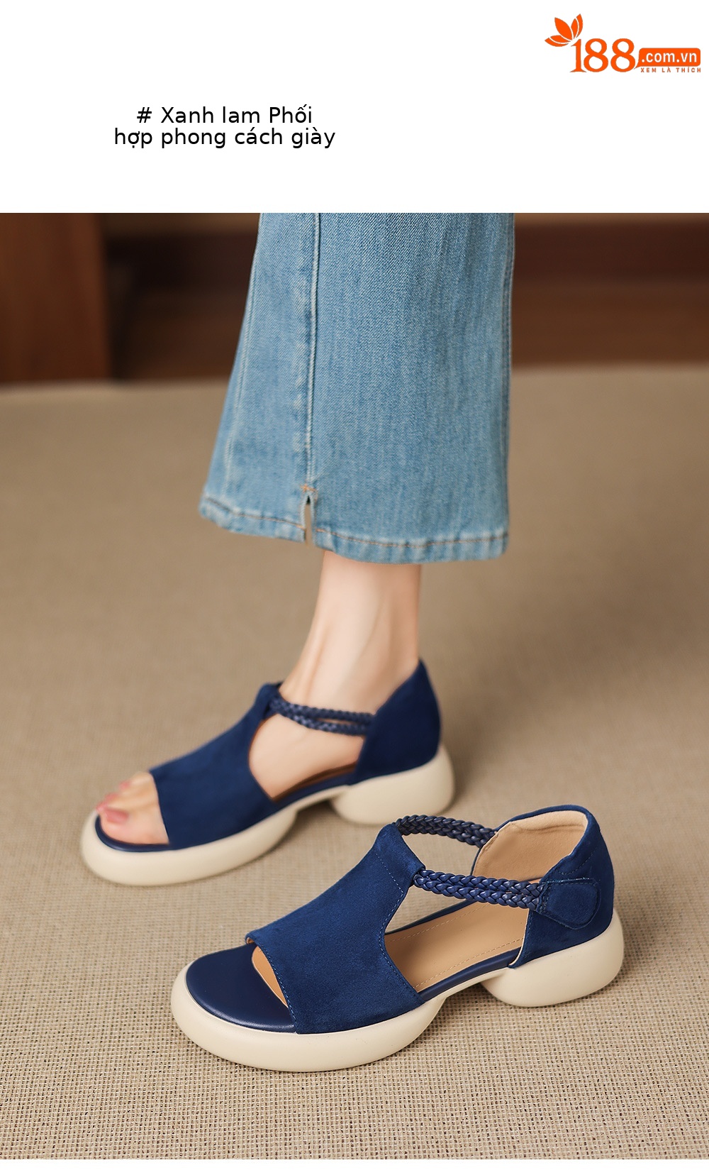 Sandal nữ hở mũi đế dày gót thấp phong cách thể thao, chất liệu da lộn cao cấp — Màu xanh da trời chi tiết 15