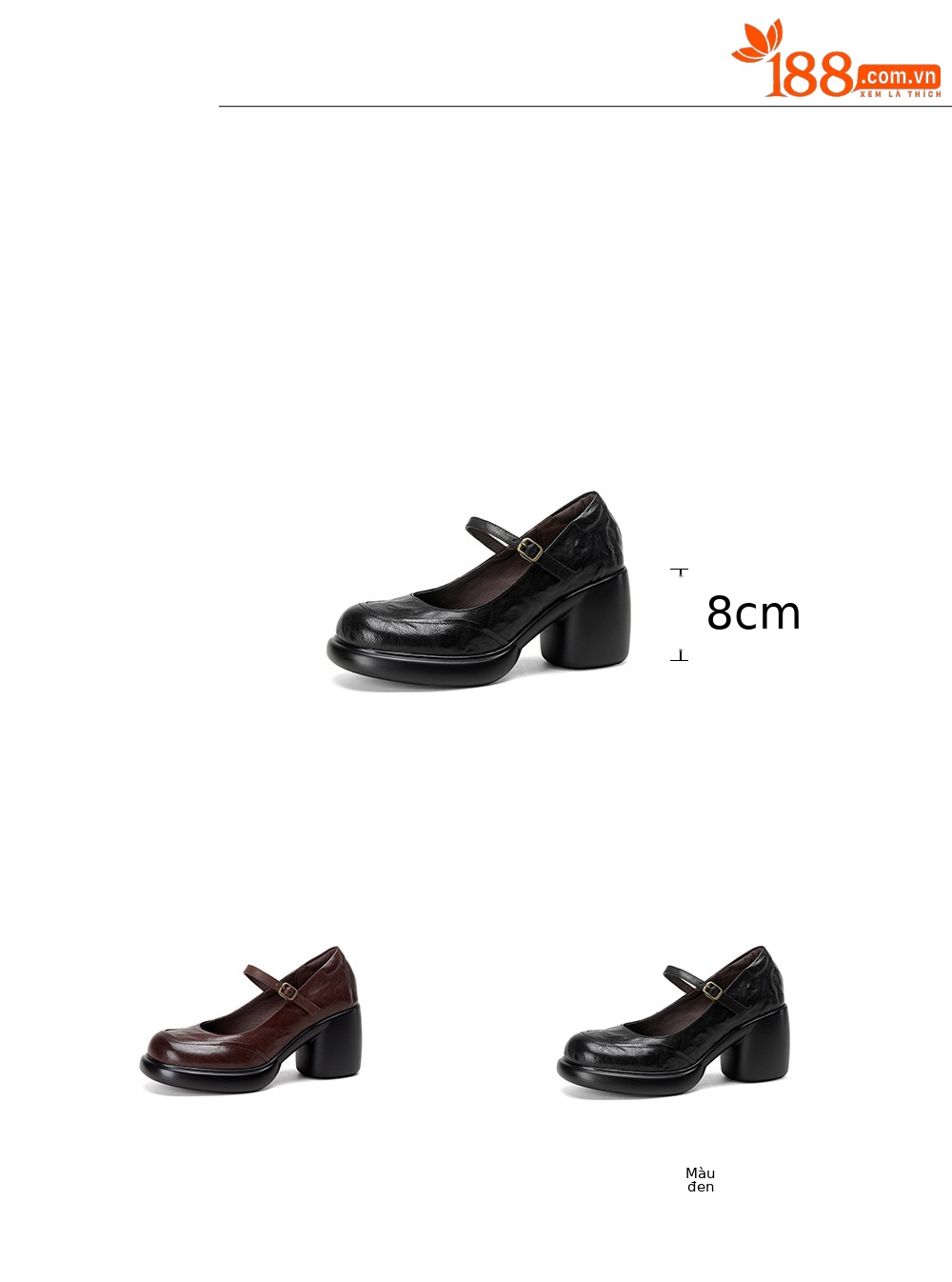 Giày Mary Jane nữ da dê mũi tròn gót thô 8 cm quai ngang khóa — màu nâu chi tiết 2