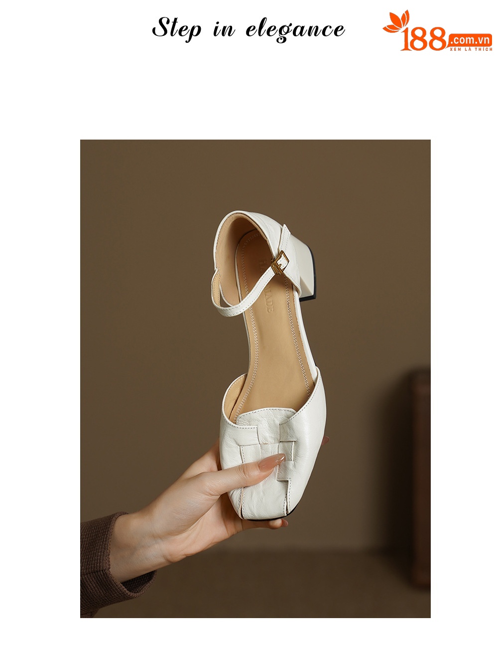 Sandal nữ da dê bện mũi kín quai ngang gót vuông trung bình — đen chi tiết 1