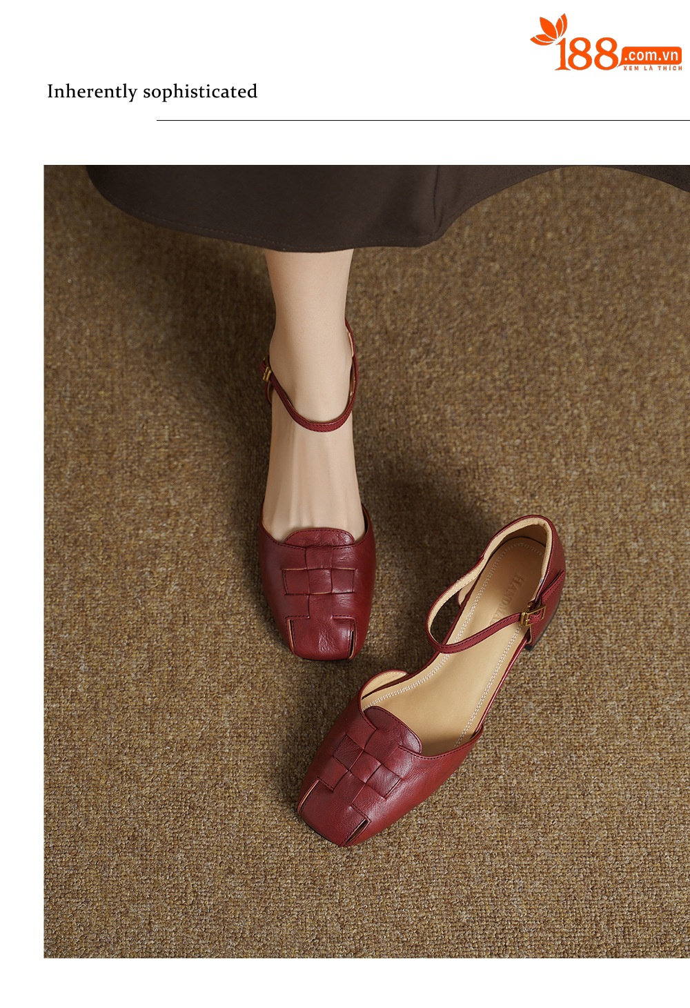 Sandal nữ da dê bện mũi kín quai ngang gót vuông trung bình — đen chi tiết 3