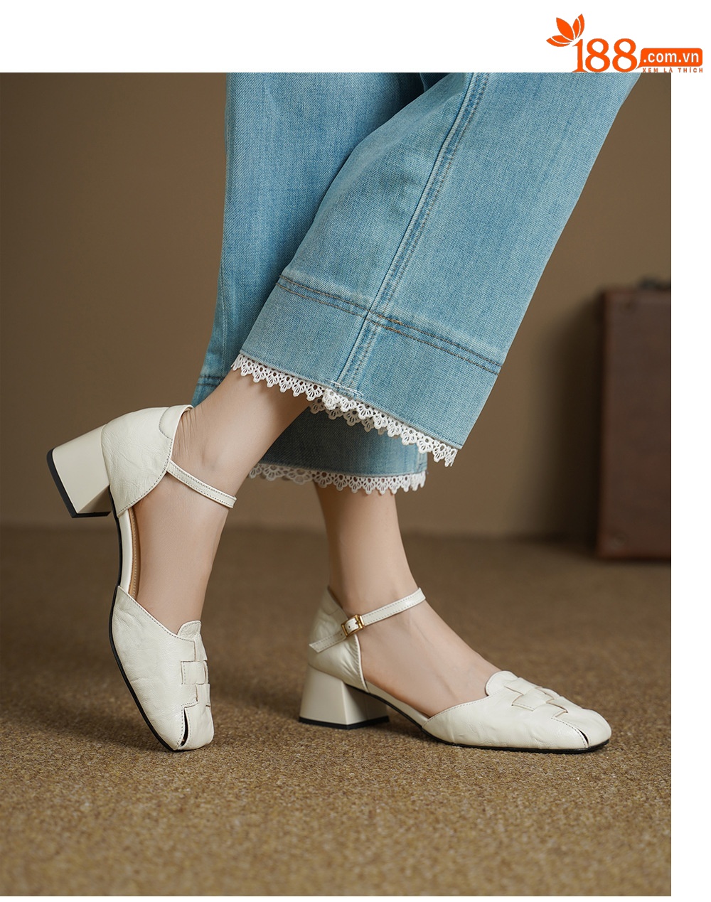 Sandal nữ da dê bện mũi kín quai ngang gót vuông trung bình — đen chi tiết 9