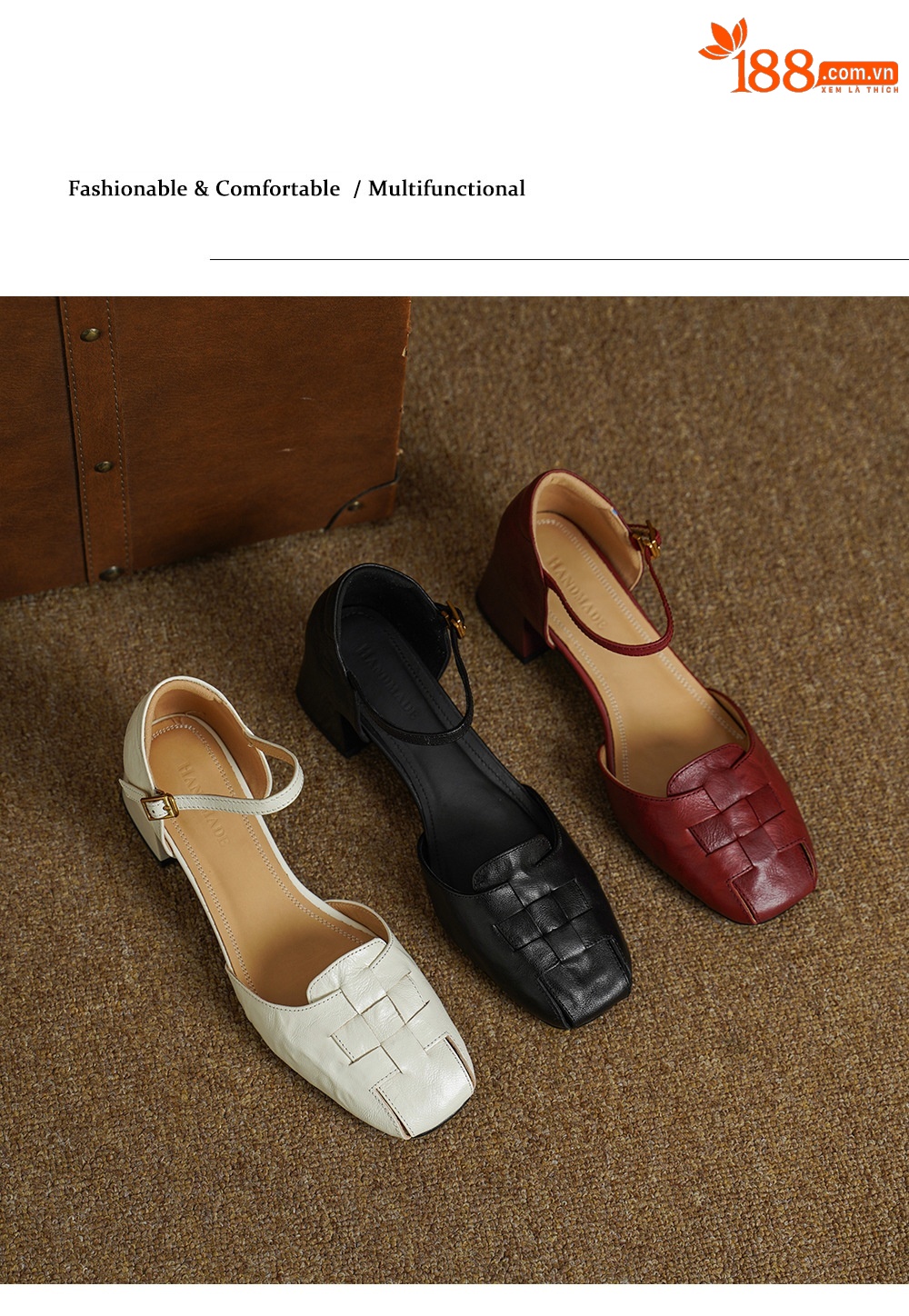 Sandal nữ da dê bện mũi kín quai ngang gót vuông trung bình — đen chi tiết 14