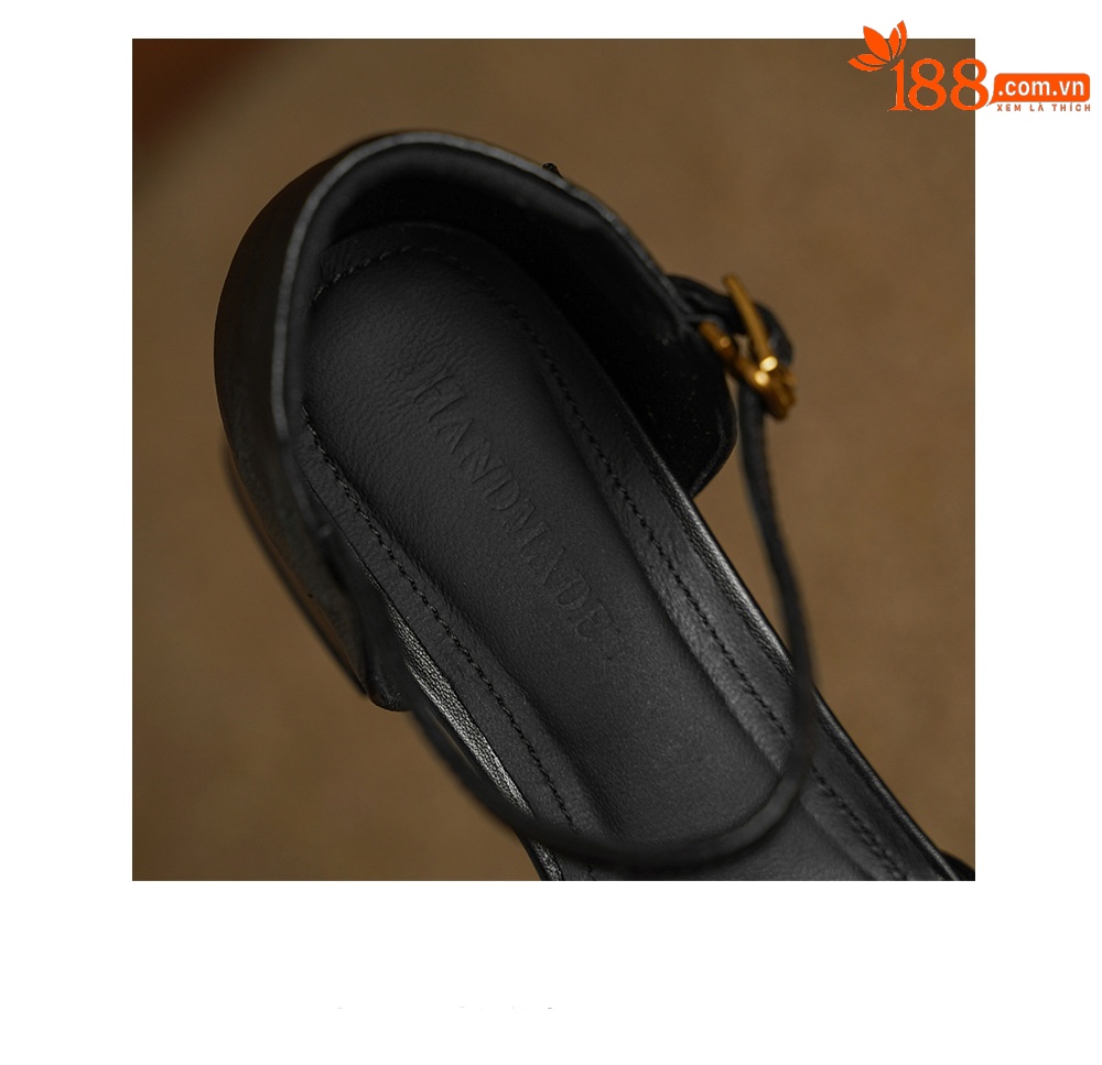 Sandal nữ da dê bện mũi kín quai ngang gót vuông trung bình — đen chi tiết 20
