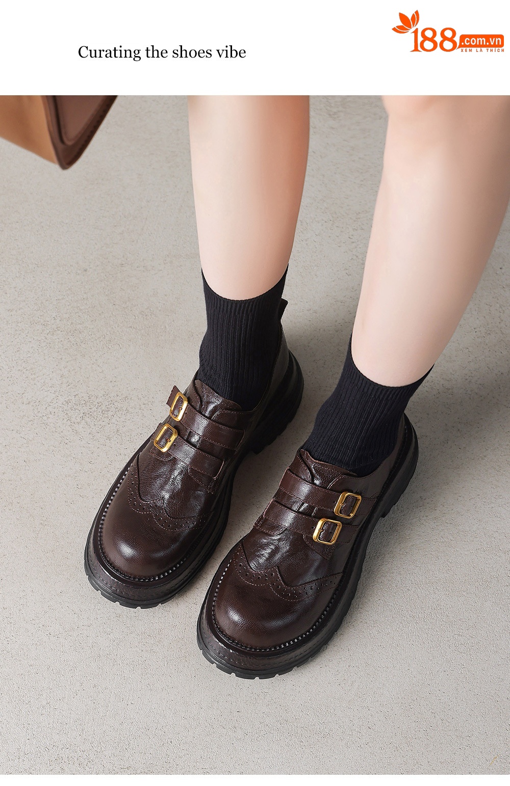 Giày loafer nữ đế dày mũi tròn gót vuông ổn định, khóa thắt lưng kép — màu nâu chi tiết 6