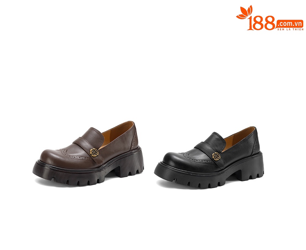 Giày loafer nữ đế xuồng phong cách Anh cổ điển, mũi tròn, gót cao nhỏ, họa tiết hoa sơn trà — màu nâu chi tiết 4