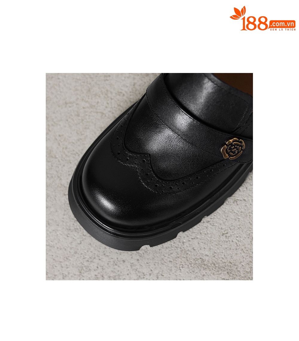 Giày loafer nữ đế xuồng phong cách Anh cổ điển, mũi tròn, gót cao nhỏ, họa tiết hoa sơn trà — màu nâu chi tiết 11