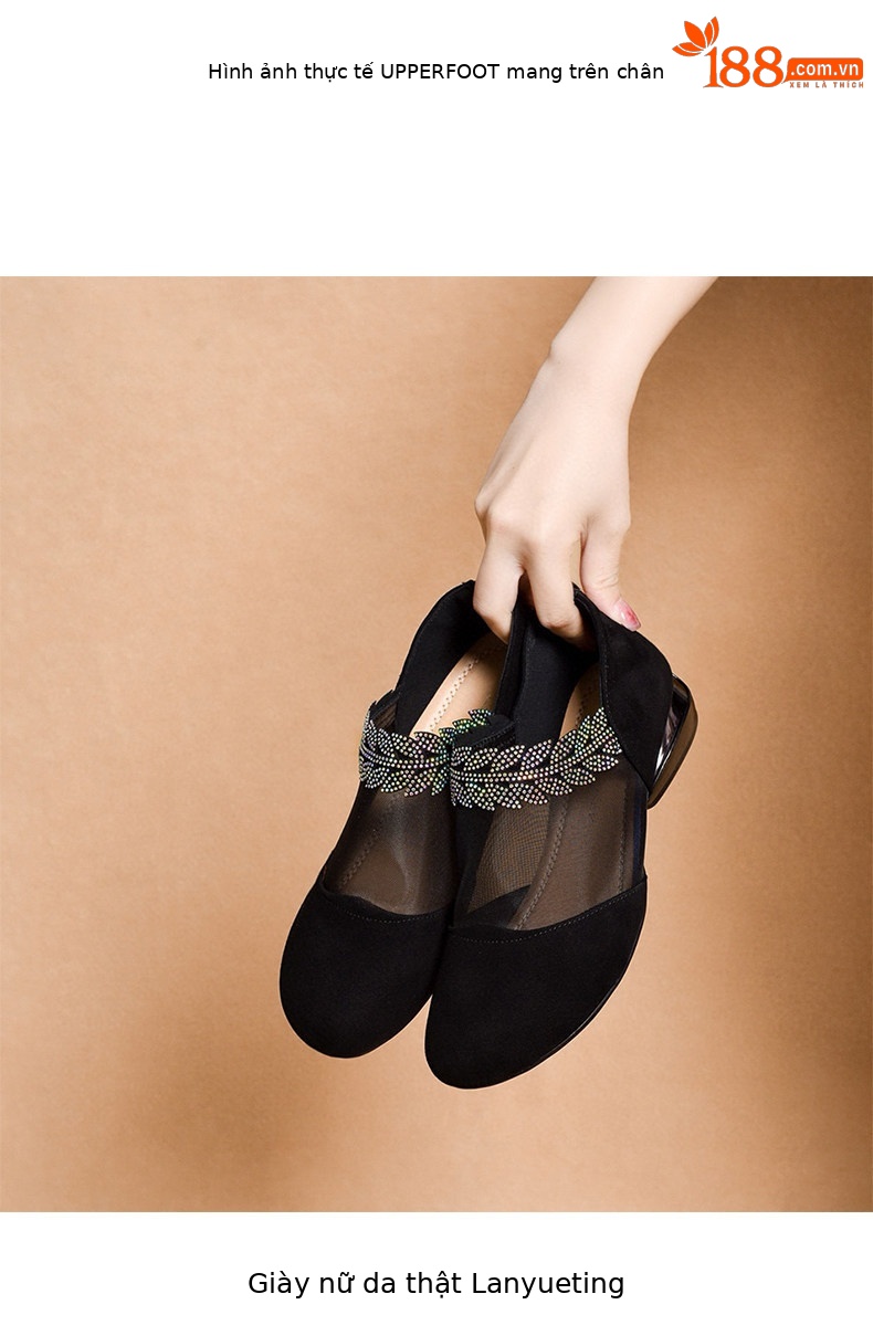 Giày sandal nữ mũi tròn lưới thoáng khí gót thấp đế bệt — màu đen chi tiết 3