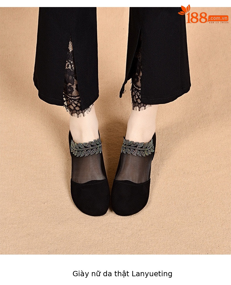 Giày sandal nữ mũi tròn lưới thoáng khí gót thấp đế bệt — màu đen chi tiết 4