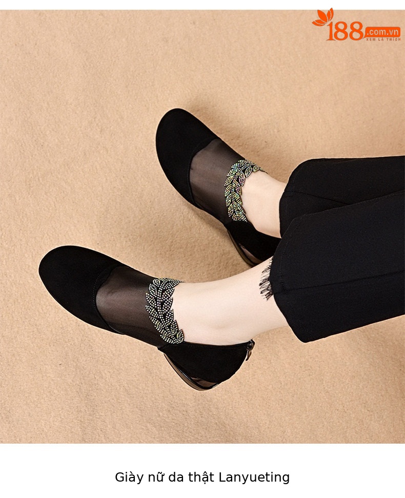Giày sandal nữ mũi tròn lưới thoáng khí gót thấp đế bệt — màu đen chi tiết 5