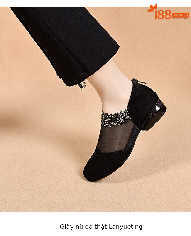 Giày sandal nữ mũi tròn lưới thoáng khí gót thấp đế bệt — màu đen chi tiết 6