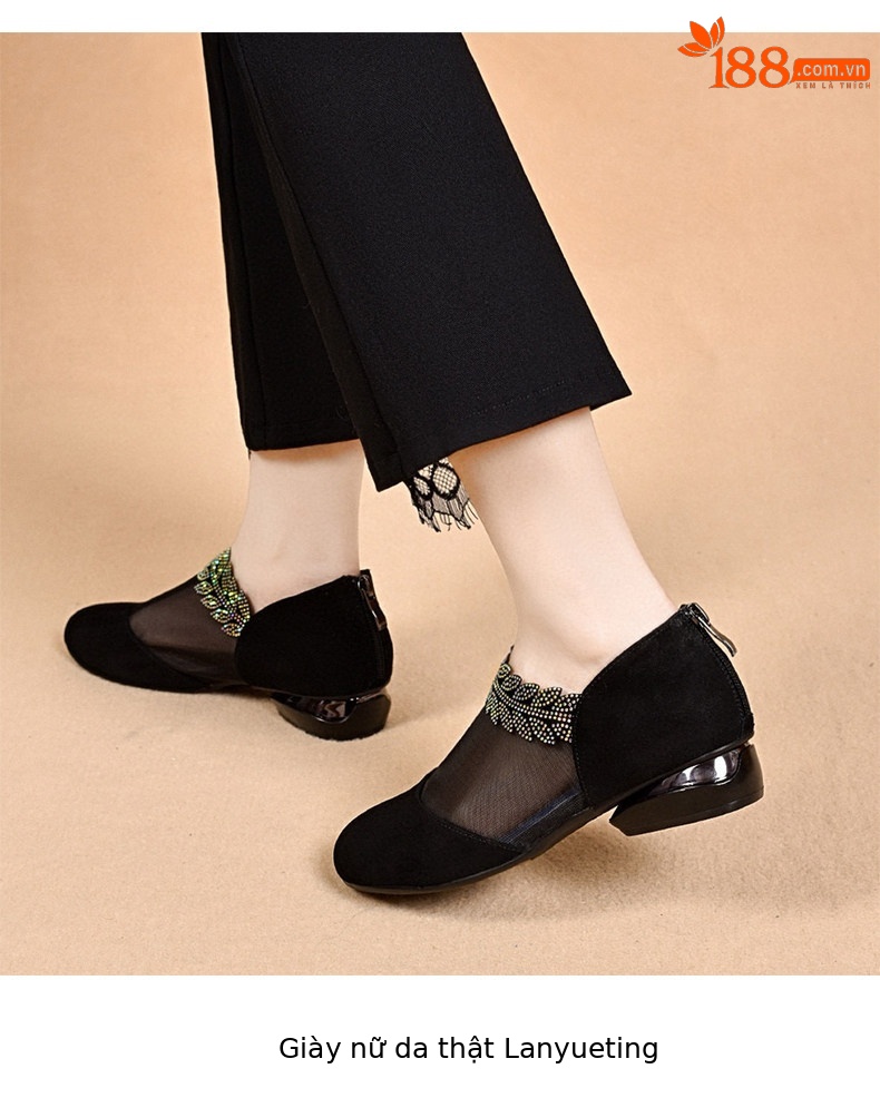 Giày sandal nữ mũi tròn lưới thoáng khí gót thấp đế bệt — màu đen chi tiết 7