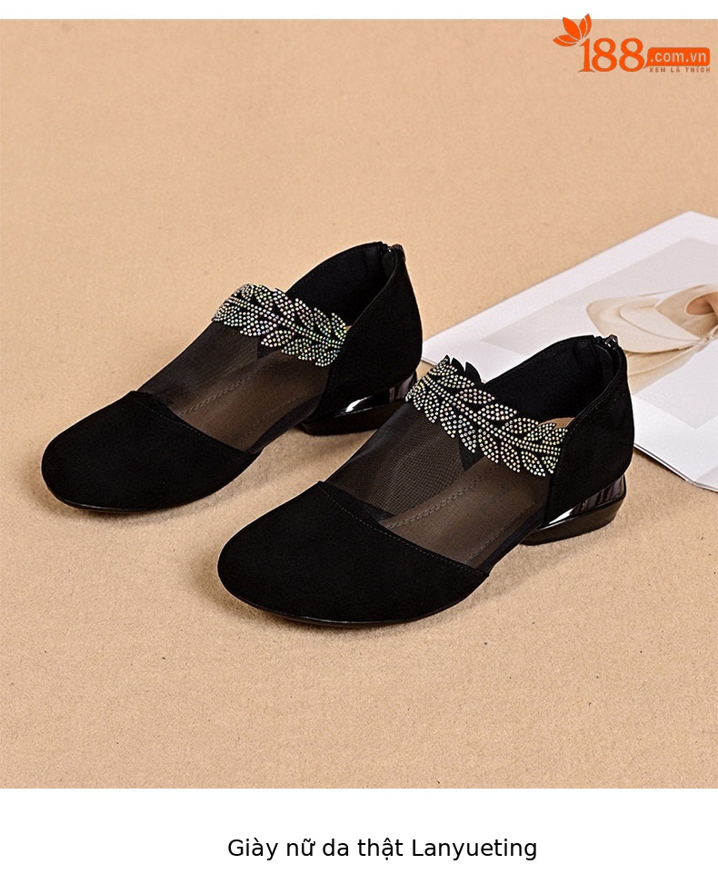 Giày sandal nữ mũi tròn lưới thoáng khí gót thấp đế bệt — màu đen chi tiết 8