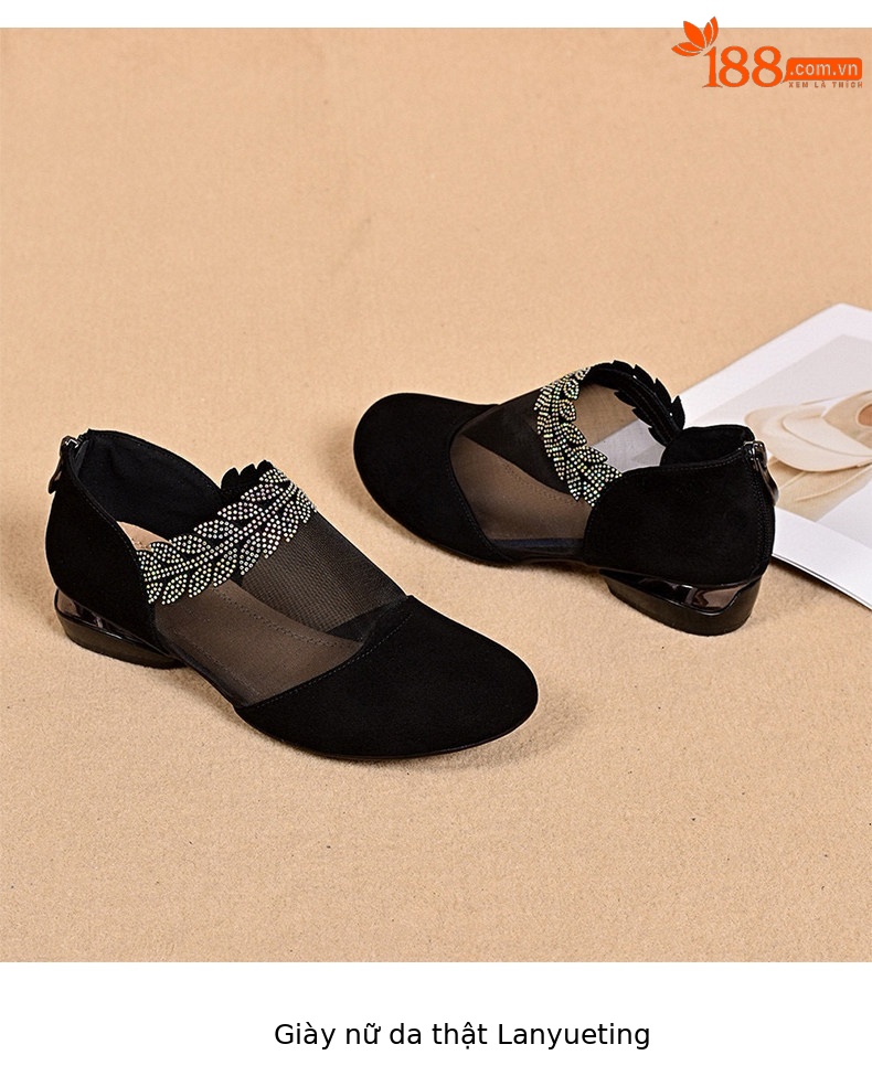 Giày sandal nữ mũi tròn lưới thoáng khí gót thấp đế bệt — màu đen chi tiết 9