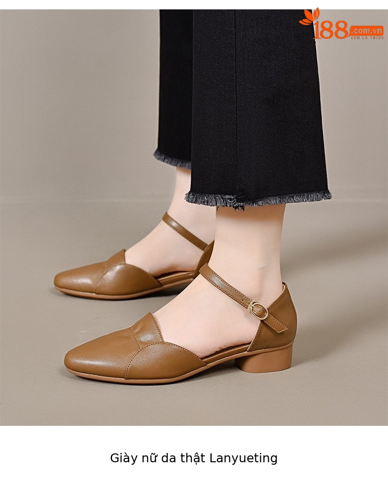 Sandal nữ da thật mũi nhọn quai ngang gót thấp 5 cm — Màu caramel - 5cm chi tiết 4