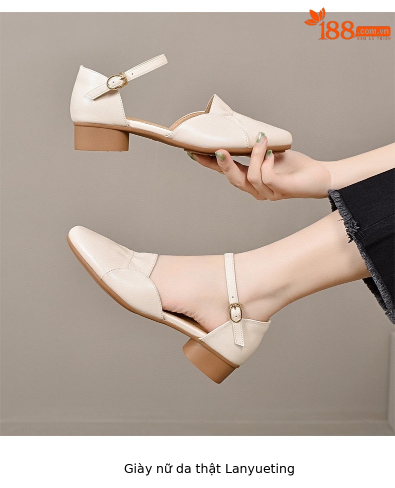Sandal nữ da thật mũi nhọn quai ngang gót thấp 5 cm — Màu caramel - 5cm chi tiết 5