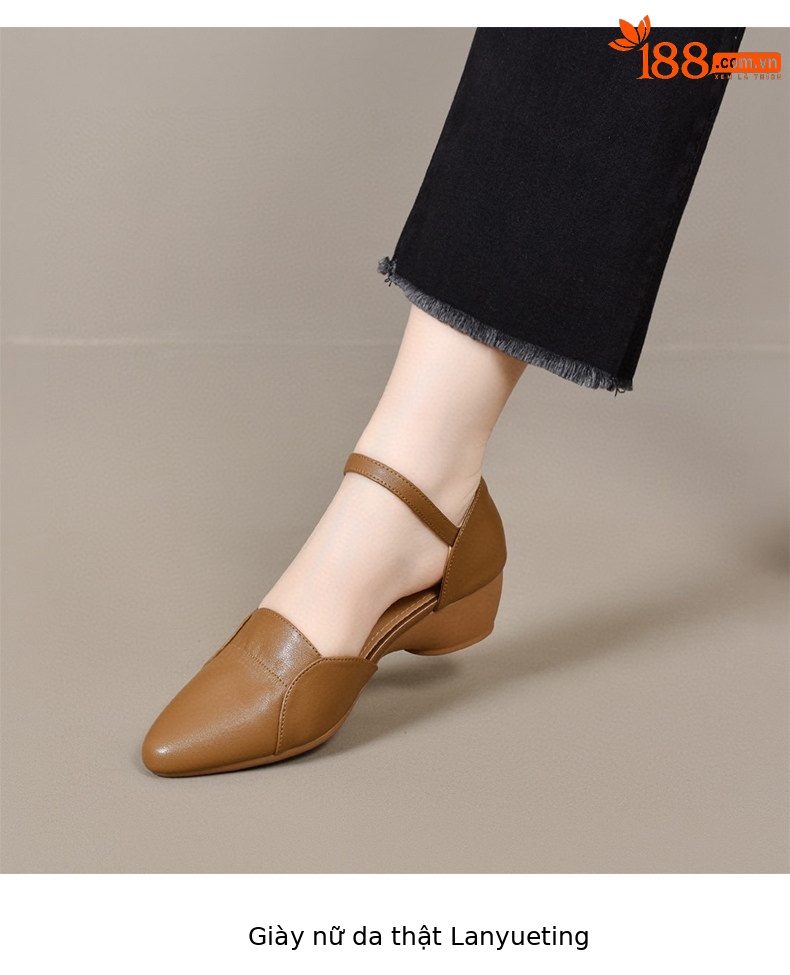 Sandal nữ da thật mũi nhọn quai ngang gót thấp 5 cm — Màu caramel - 5cm chi tiết 6