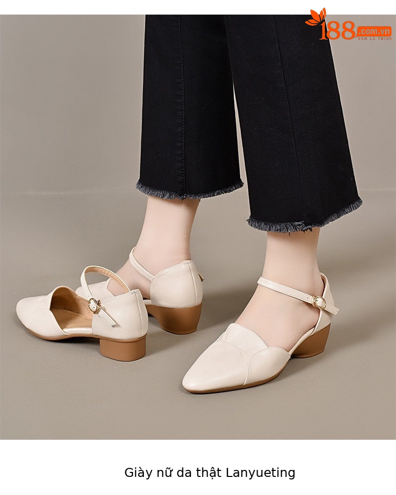 Sandal nữ da thật mũi nhọn quai ngang gót thấp 5 cm — Màu caramel - 5cm chi tiết 7