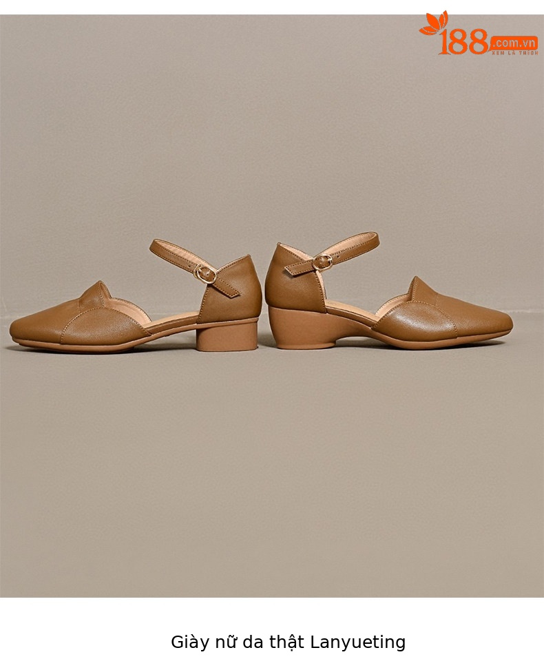 Sandal nữ da thật mũi nhọn quai ngang gót thấp 5 cm — Màu caramel - 5cm chi tiết 8