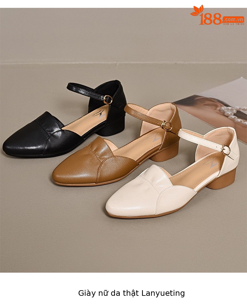 Sandal nữ da thật mũi nhọn quai ngang gót thấp 5 cm — Màu caramel - 5cm chi tiết 9