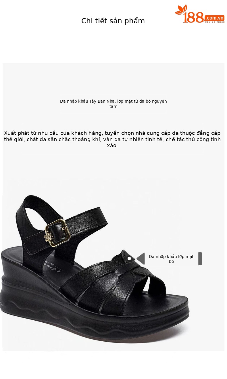 Sandal nữ da thật đế dày mũi hở gót xuồng chống trượt quai ngang — màu đen chi tiết 2