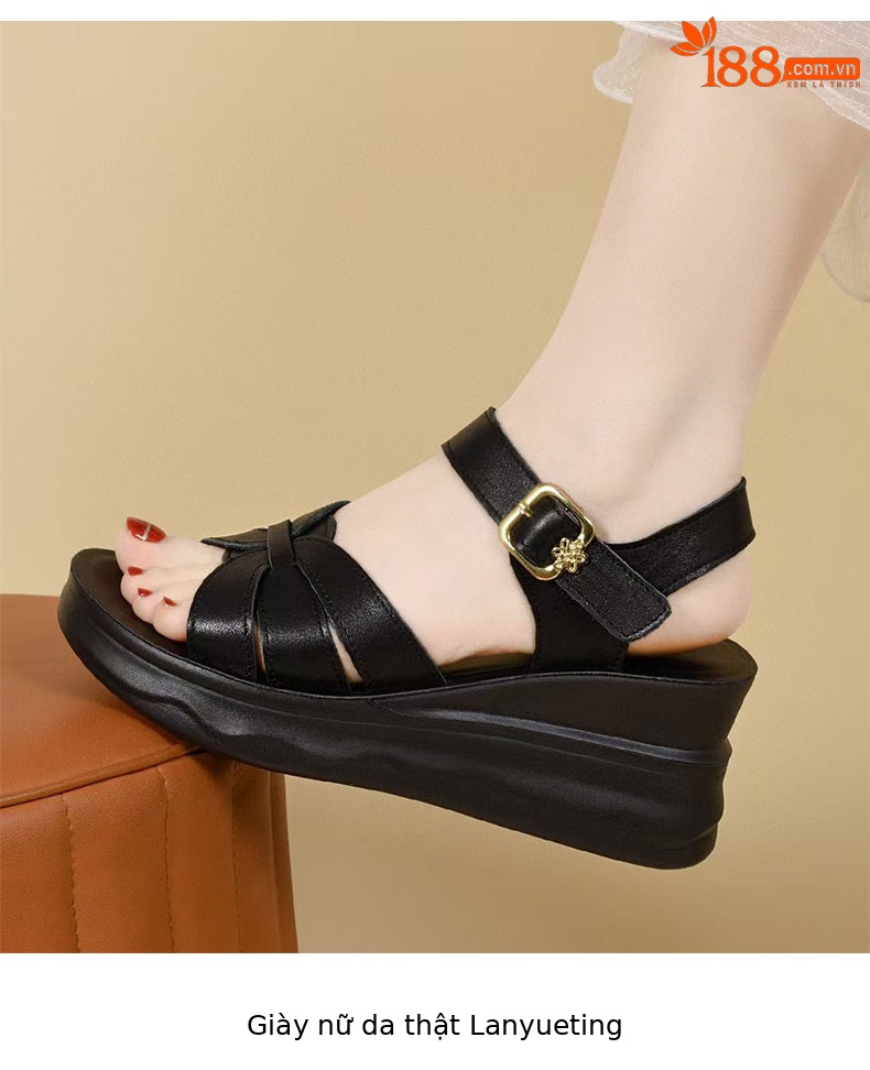 Sandal nữ da thật đế dày mũi hở gót xuồng chống trượt quai ngang — màu đen chi tiết 4