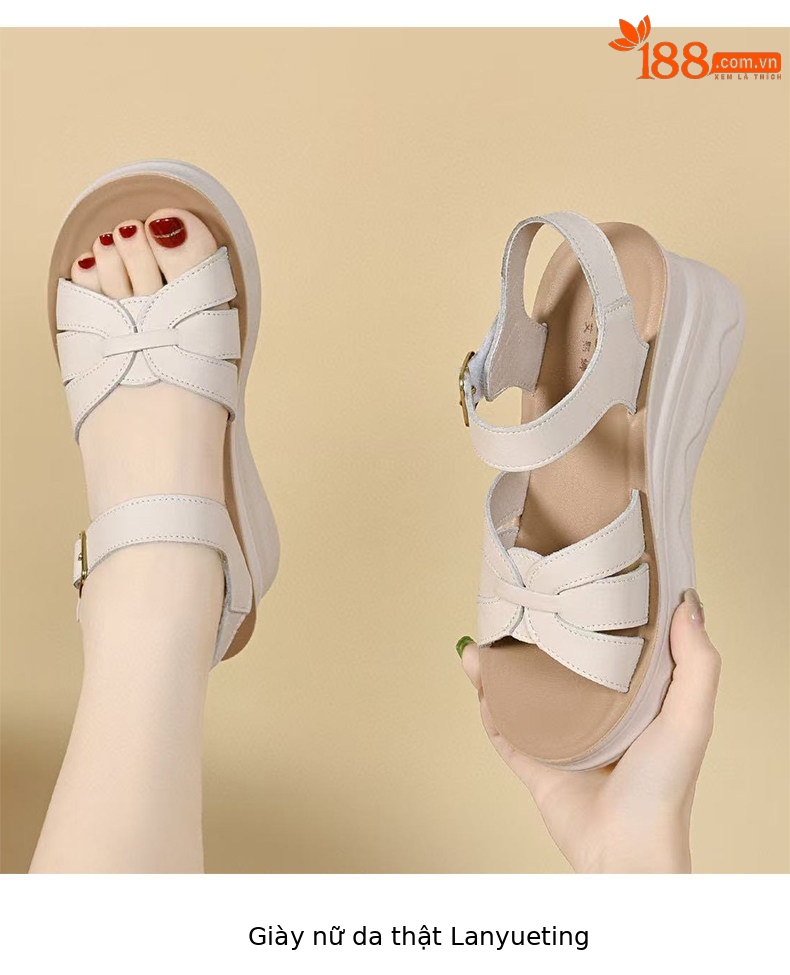 Sandal nữ da thật đế dày mũi hở gót xuồng chống trượt quai ngang — màu đen chi tiết 6