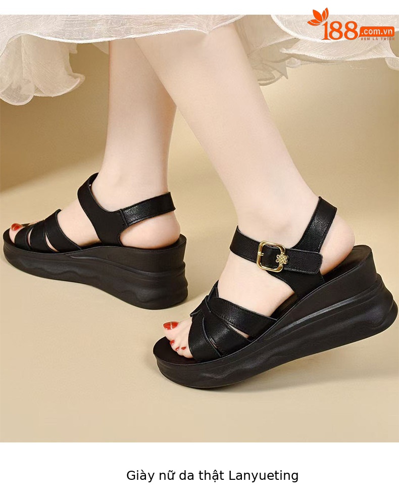 Sandal nữ da thật đế dày mũi hở gót xuồng chống trượt quai ngang — màu đen chi tiết 7