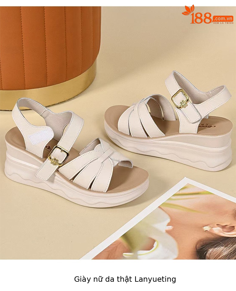 Sandal nữ da thật đế dày mũi hở gót xuồng chống trượt quai ngang — màu đen chi tiết 8