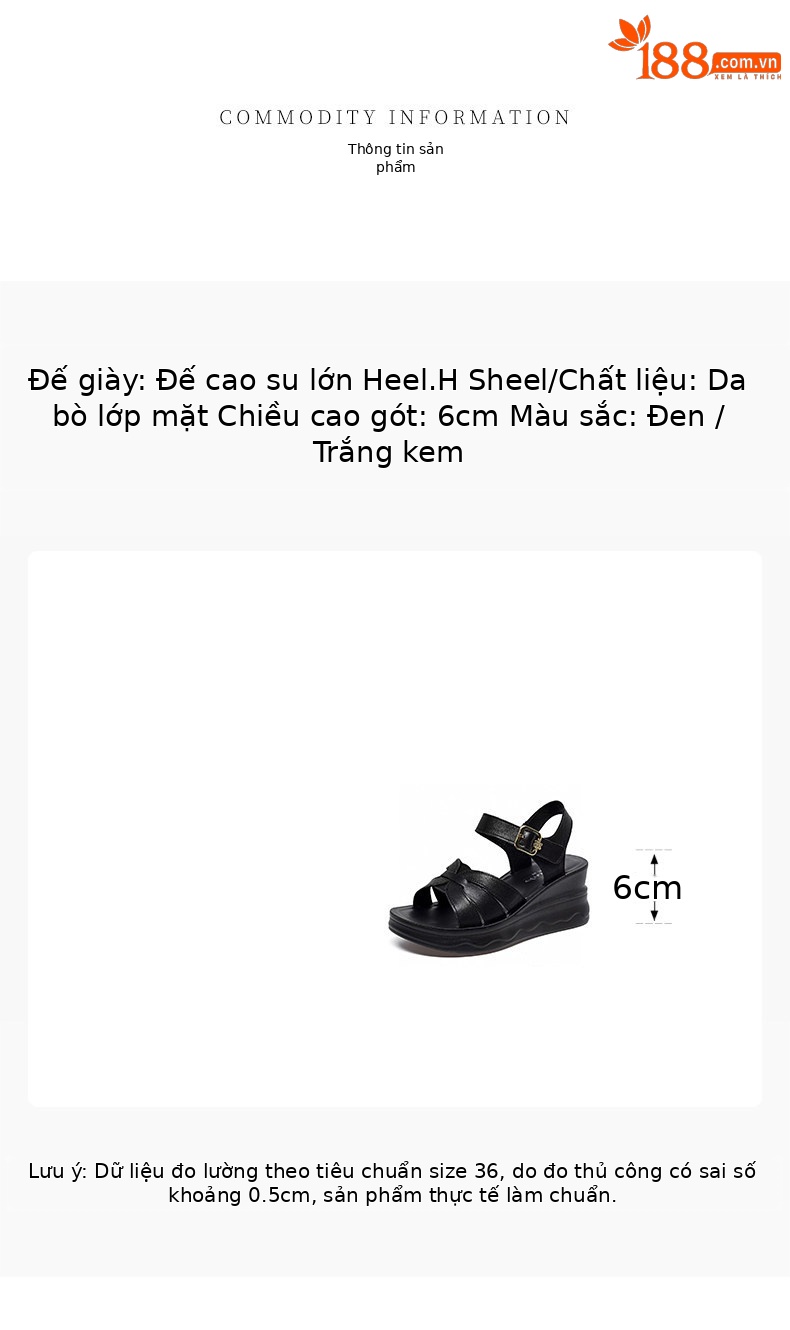 Sandal nữ da thật đế dày mũi hở gót xuồng chống trượt quai ngang — màu đen chi tiết 1