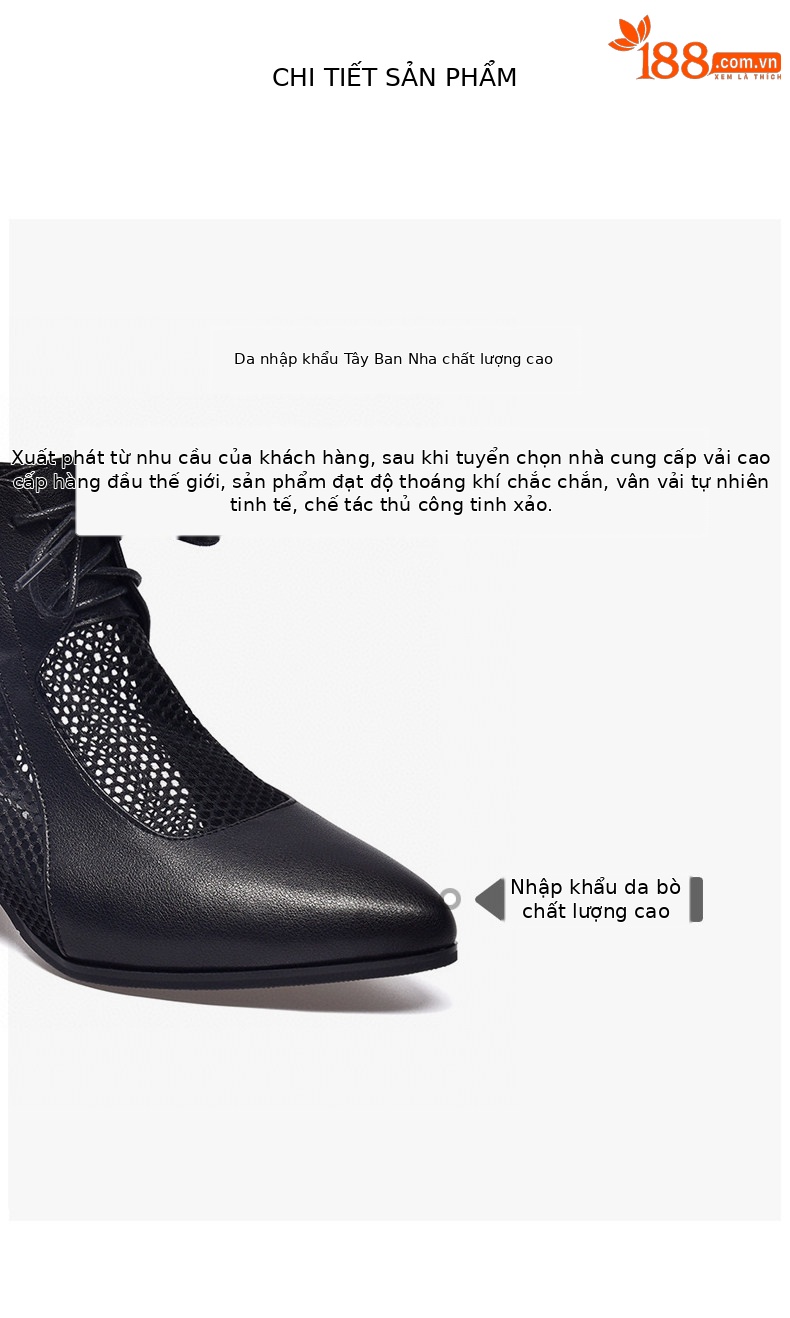 Sandal nữ mũi nhọn gót thấp La Mã da thật lưới thoáng khí — màu đen chi tiết 2