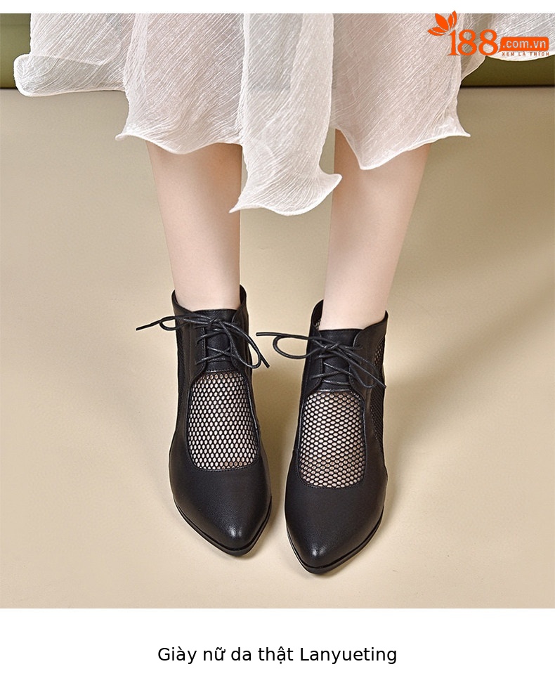 Sandal nữ mũi nhọn gót thấp La Mã da thật lưới thoáng khí — màu đen chi tiết 4