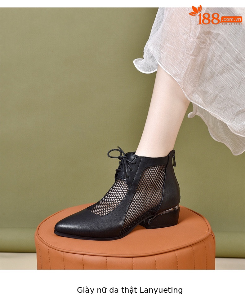 Sandal nữ mũi nhọn gót thấp La Mã da thật lưới thoáng khí — màu đen chi tiết 5