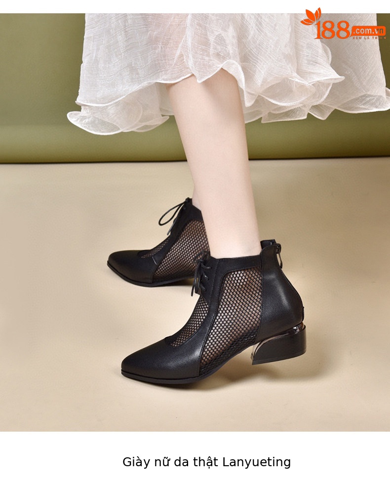 Sandal nữ mũi nhọn gót thấp La Mã da thật lưới thoáng khí — màu đen chi tiết 6
